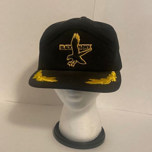 Vintage 80s Military Trucker Hat Cap Blackhawk Black Gold Snapback embroidered b